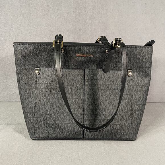 Michael Kors Handbags - Michael Kors Jet Set Black & Gray Logo Medium Pocket Tote Handbag Purse